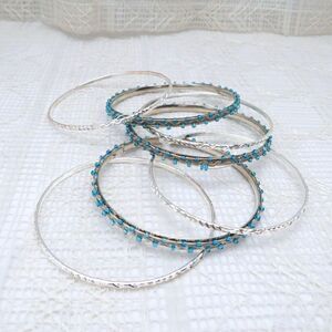 Silver Toned Bangle Bracelets Women Thin Set of 7 Boho Style Casual Jewelry